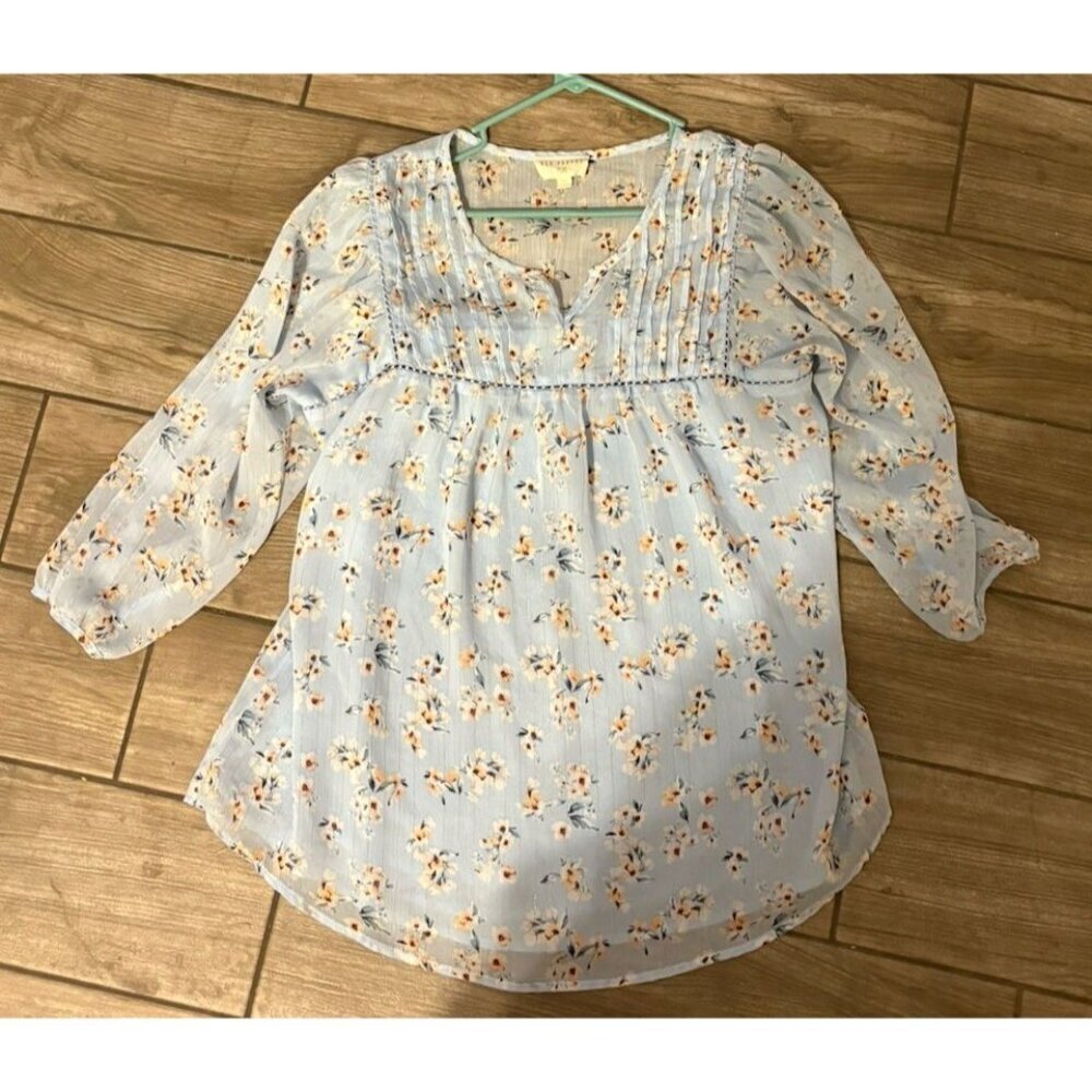 Blu Pepper Blue Blouse Long Sleeve Silver Thread Womens 1X